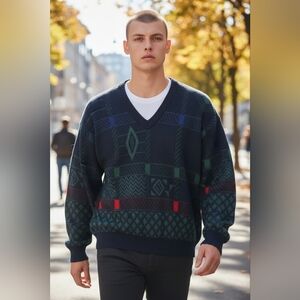 Vintage 80s Geometric Wool Sweater‎ Made in West Germany Size XL GrandpaCore